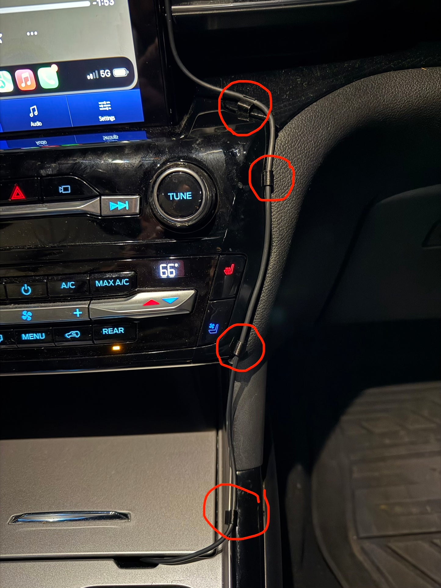 Wireless car charger mount with 17mm ball showing locations for cable clips
