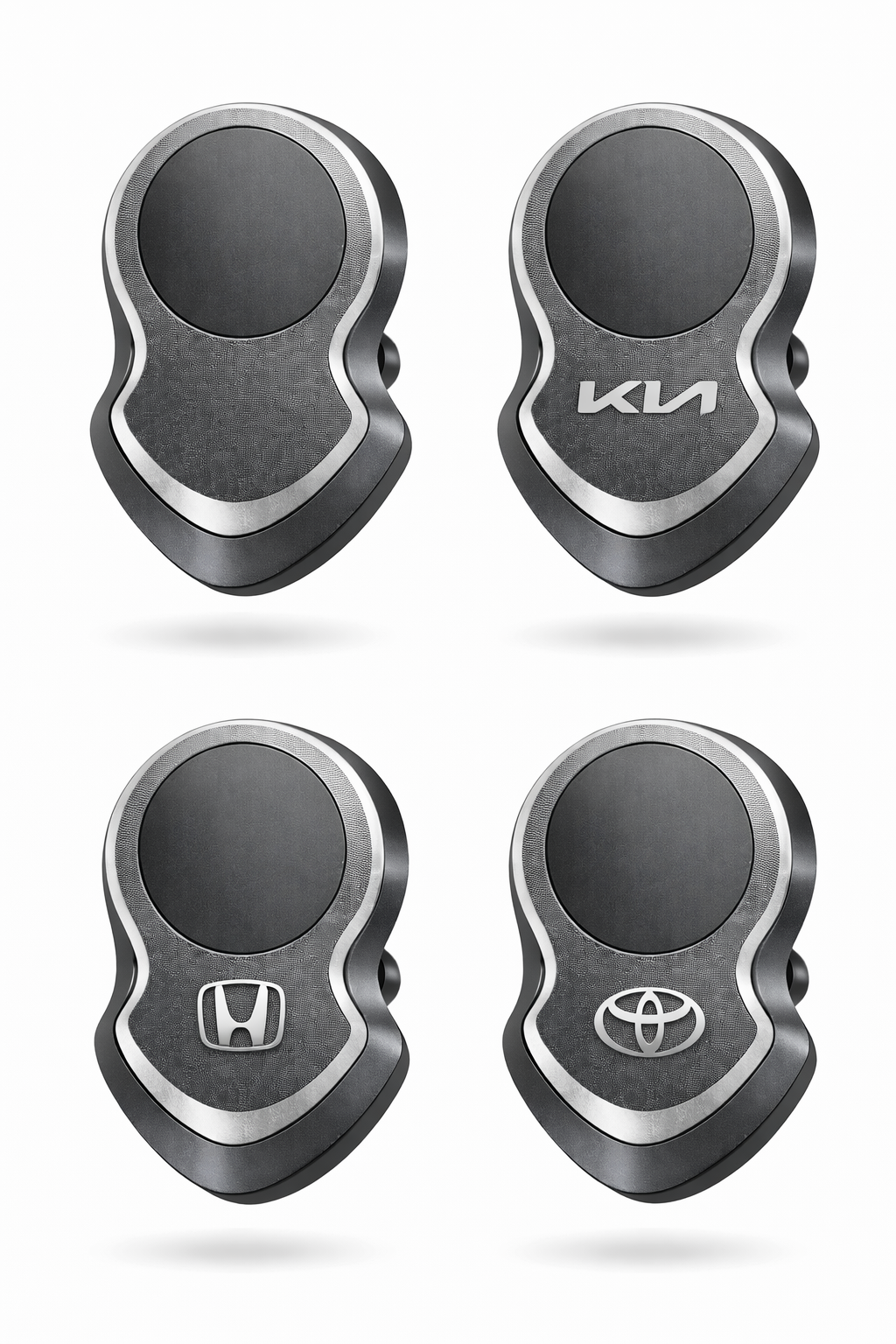 Wireless car charger mount with 17mm ball showing designs for Kia, Honda, and Toyota