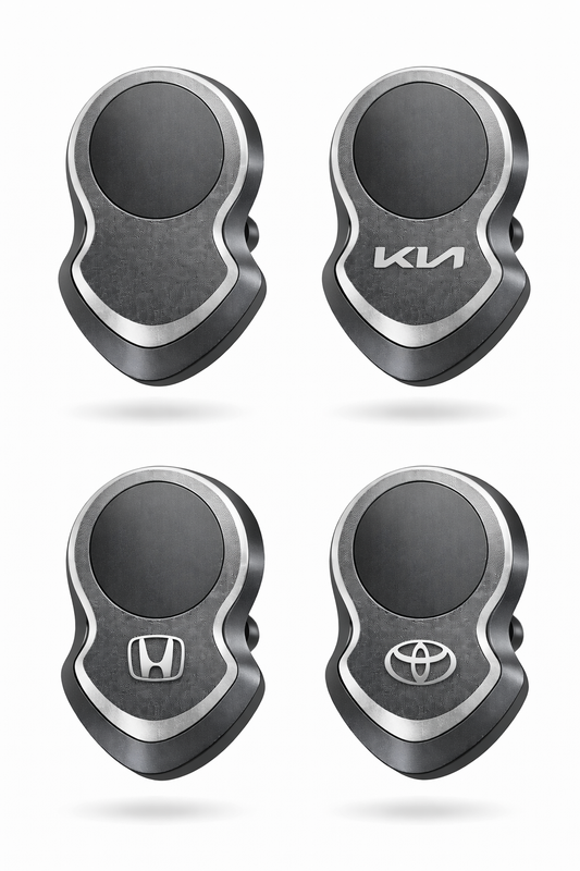 Wireless car charger mount with 17mm ball showing designs for Kia, Honda, and Toyota