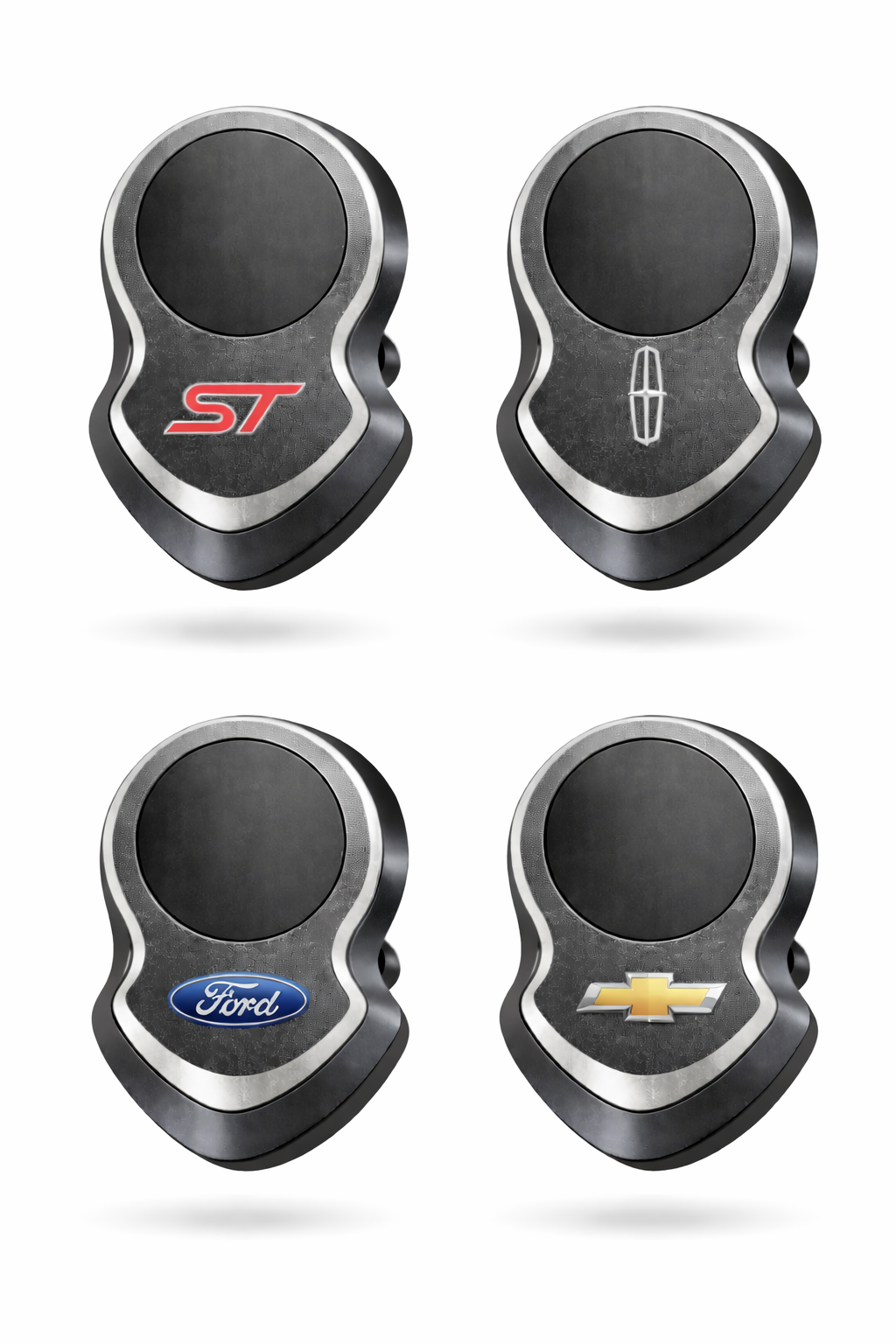 Wireless car charger mount with 17mm ball showing designs for Ford Explorer ST, Lincoln and Chevrolet