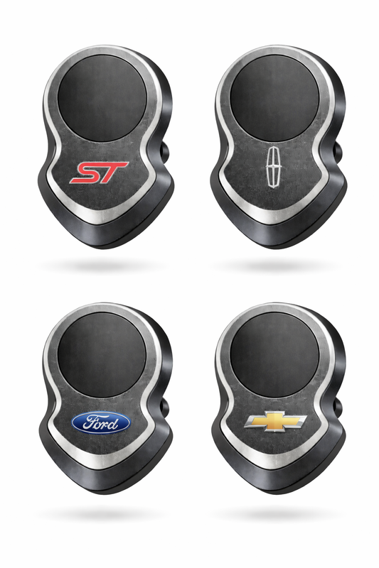 Wireless car charger mount with 17mm ball showing designs for Ford Explorer ST, Lincoln and Chevrolet