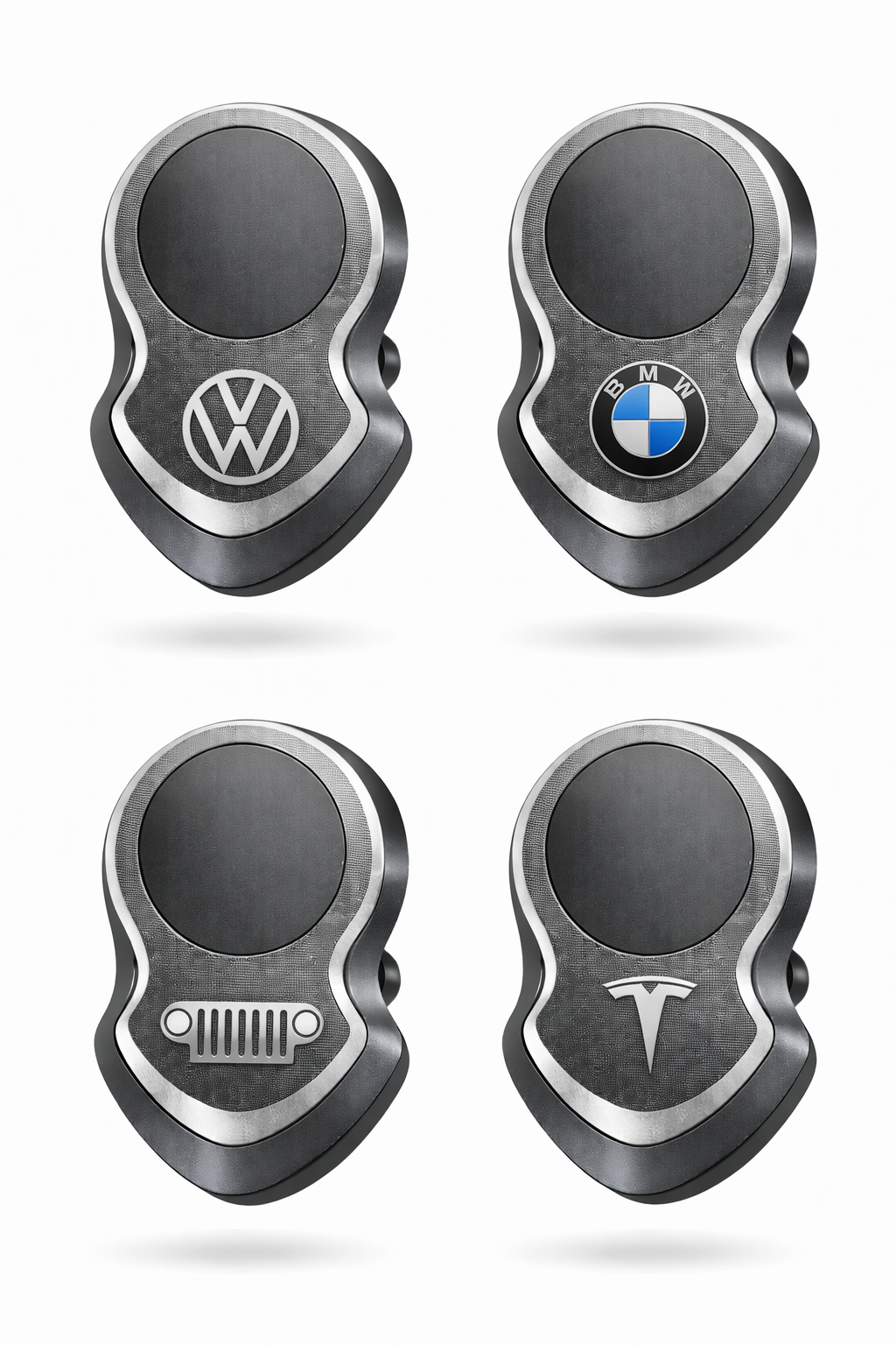 Wireless car charger mount with 17mm ball showing designs for VW, BMW, Jeep, and Tesla